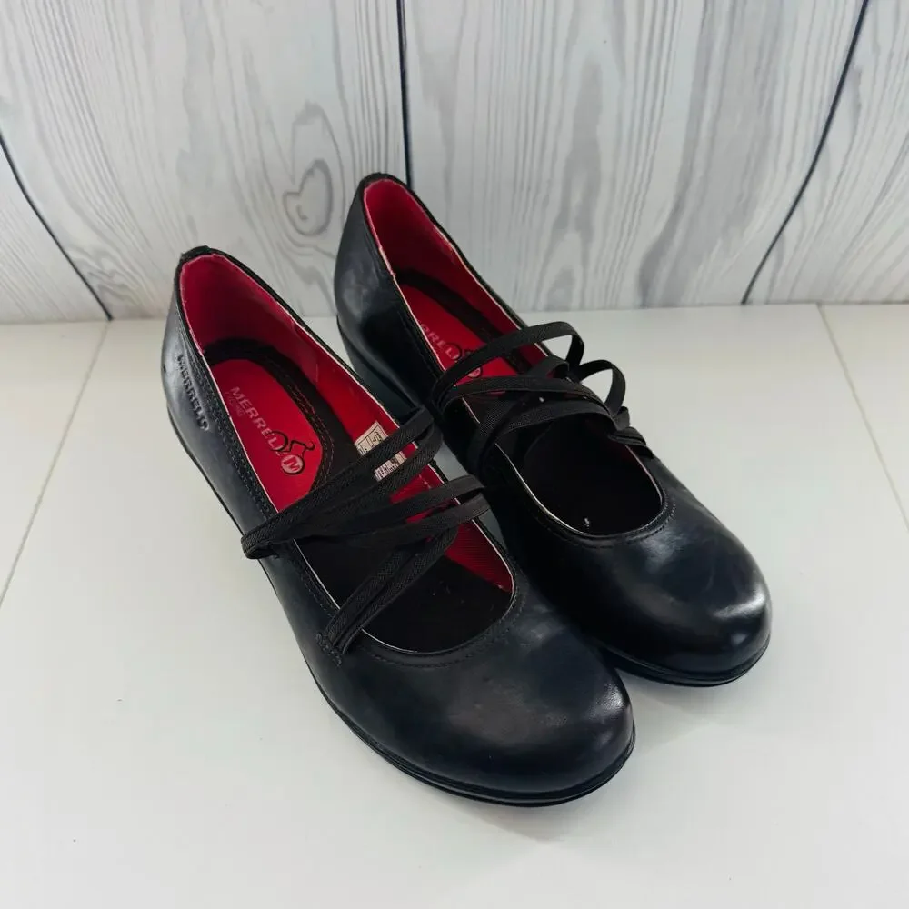 MERRELL Womens Size 7 M Coffee Brown Elastic Strap Slip On Mary Jane Shoes Heels